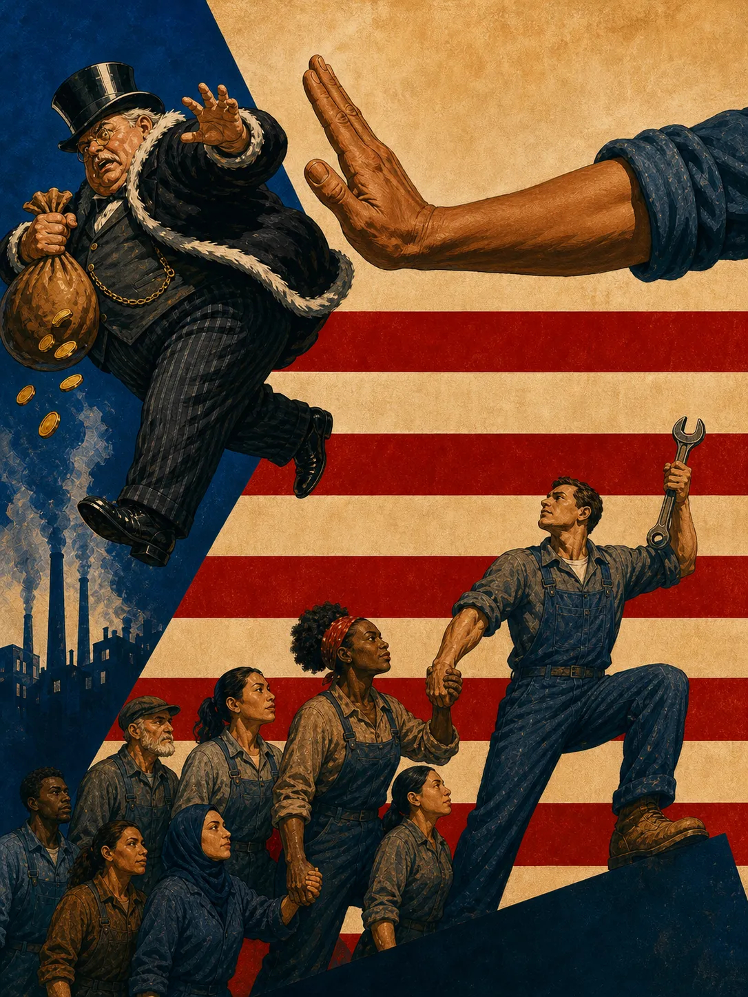 A 1940s American propaganda-style poster with red and white stripes and a blue field. A giant open palm holds back a fat top-hatted tycoon clutching a money bag, coins spilling as he tumbles. Below, a worker with a wrench raised in one hand pulls a bowed idle worker up from a gray line of laborers with the other.