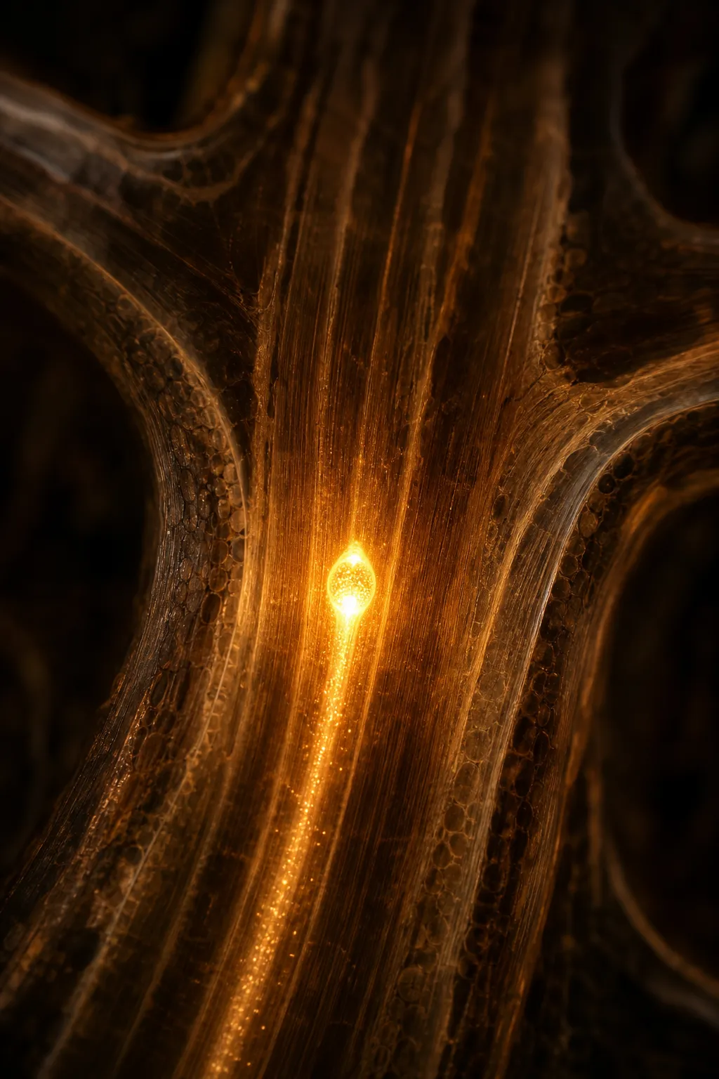 A single glowing droplet of light traveling up the inside of a translucent tree trunk toward the branches, leaving a luminous trail.