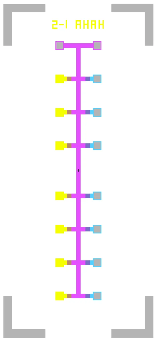 An Electric layout of a 2-1 AHaH node: a vertical magenta common bus with eight synapse rungs ending in yellow and cyan pads, alignment marks in the corners, labeled '2-1 AHaH'.