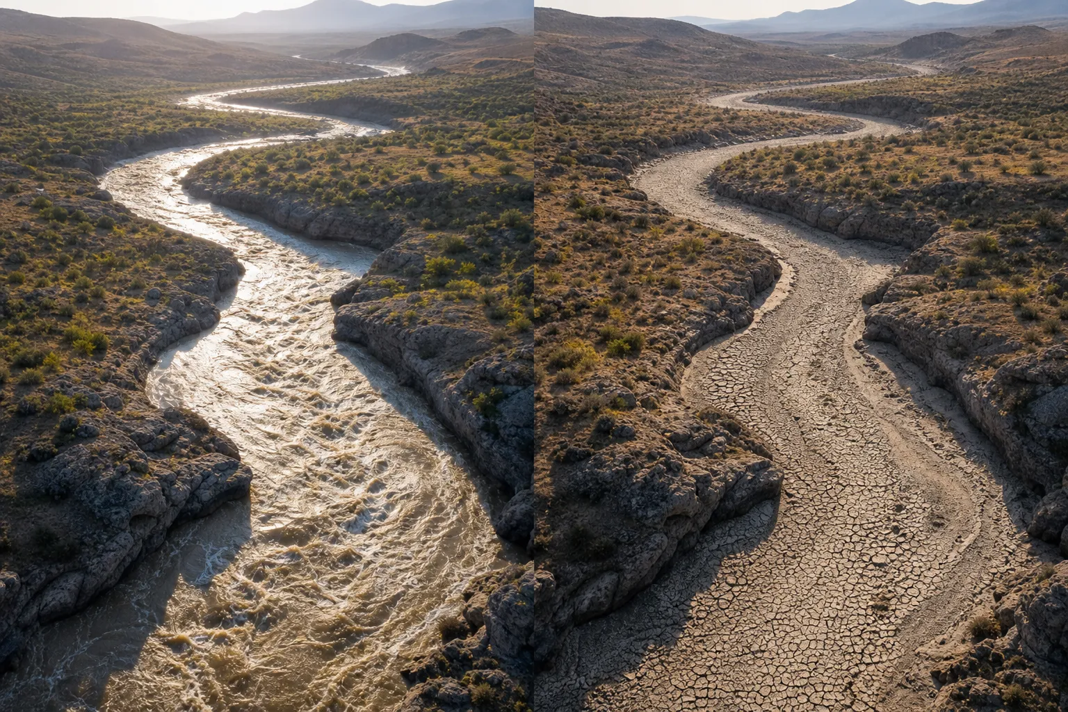 The same winding channel shown twice side by side: a river in full flood on the left, the identical channel as a dry cracked riverbed on the right.