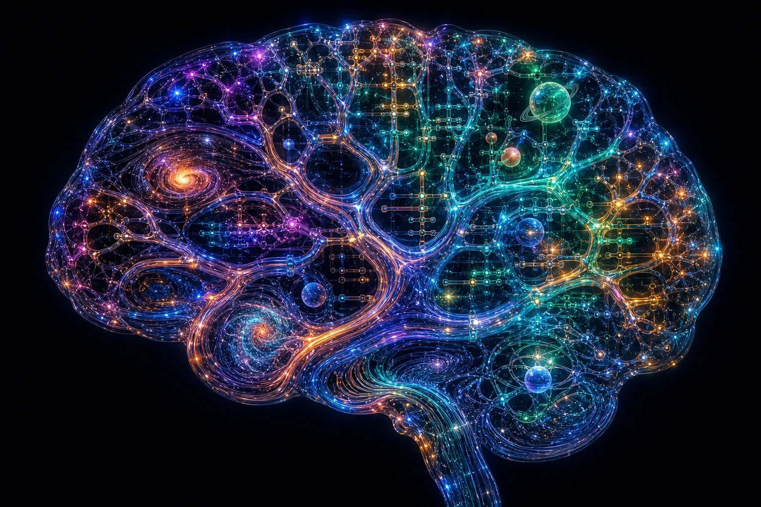 A glowing human brain rendered as branching networks of light, with galaxies and planets embedded among its pathways, merging mind and cosmos into a single self-organized structure.