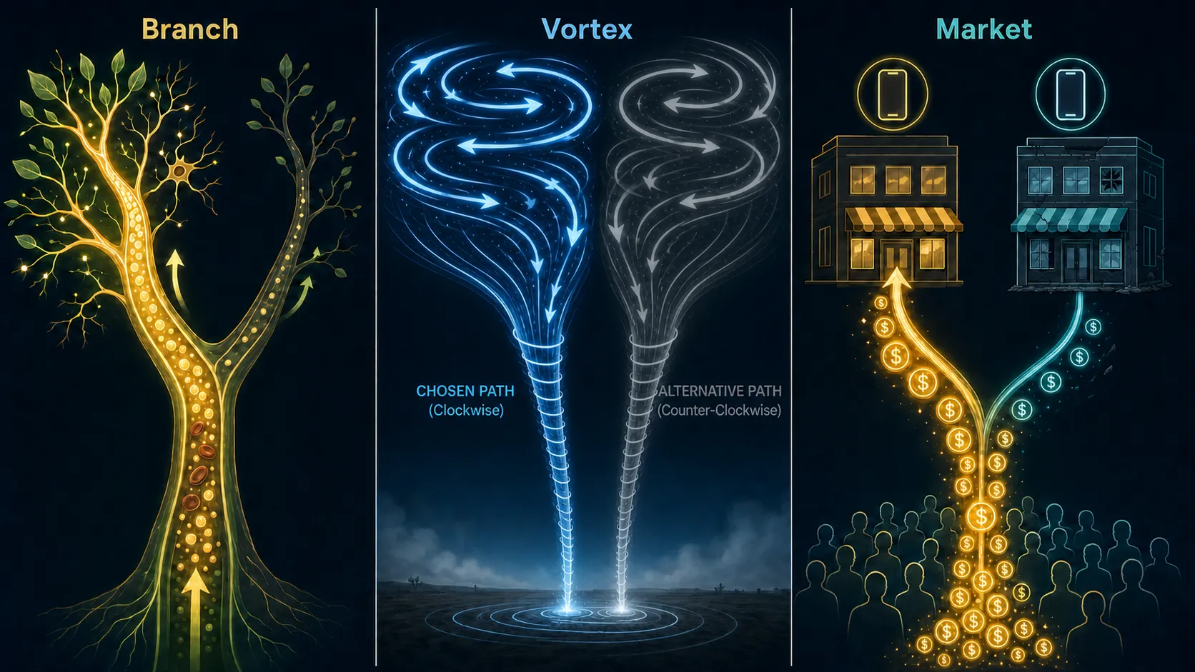 Three panels illustrating thermodynamic bits: a branching tree/dendrite/vein with particles flowing through it, a mixture of spins collapsing into a vortex with a defined spin, and two companies competing for a flow of money.