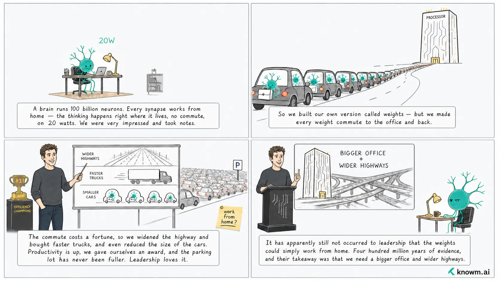 A four-panel comic. Panel one: an engineer takes notes on a happy neuron working at a laptop labeled '20W', captioned that a brain runs 100 billion neurons where every synapse works from home. Panel two: the engineer waves a long line of cars, each carrying a neuron, into a skyscraper labeled 'PROCESSOR' — our version, called weights, made to commute to the office and back. Panel three: he stands beside an 'Efficiency Champions' trophy and a chart reading wider highways, faster trucks, smaller cars, while a huge traffic jam and a discarded 'work from home?' sticky note sit behind him. Panel four: he lectures from a podium about a 'bigger office + wider highways' interchange while a tired neuron slumps at its desk, captioned that leadership still hasn't considered letting the weights work from home despite four hundred million years of evidence.