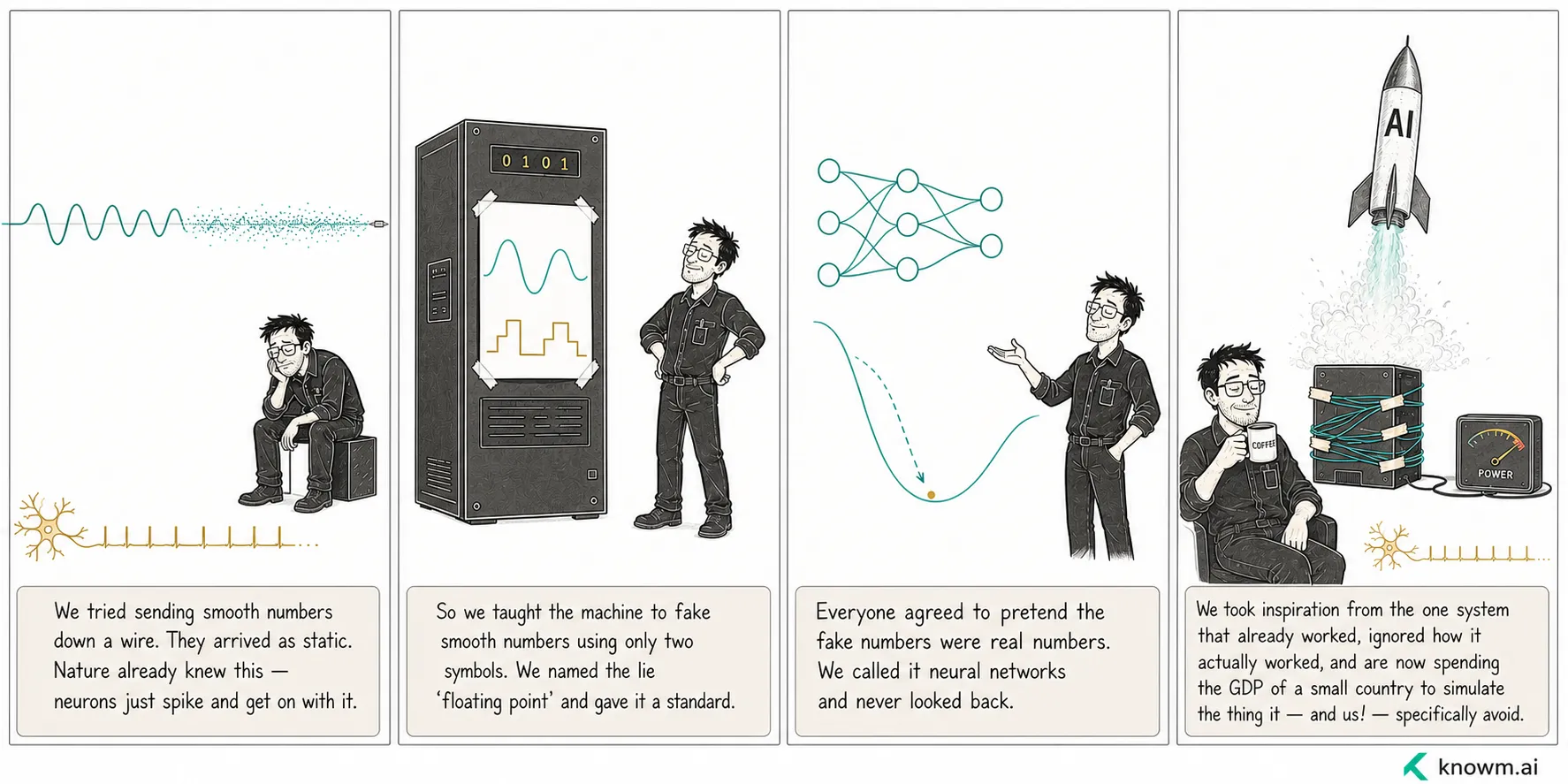 A four-panel comic. Panel one: an engineer sits dejected as a smooth sine wave dissolves into static down a wire, while a neuron below fires clean discrete spikes. Panel two: the engineer stands proudly beside a rack displaying '0101' and a taped-up sheet where a stair-step approximates a sine wave. Panel three: the engineer gestures at a floating neural-network diagram and a curve rolling into a valley. Panel four: he relaxes with a coffee beside a tangled server launching an 'AI' rocket, a power meter pinned to the right, the same spiking neuron firing at bottom.