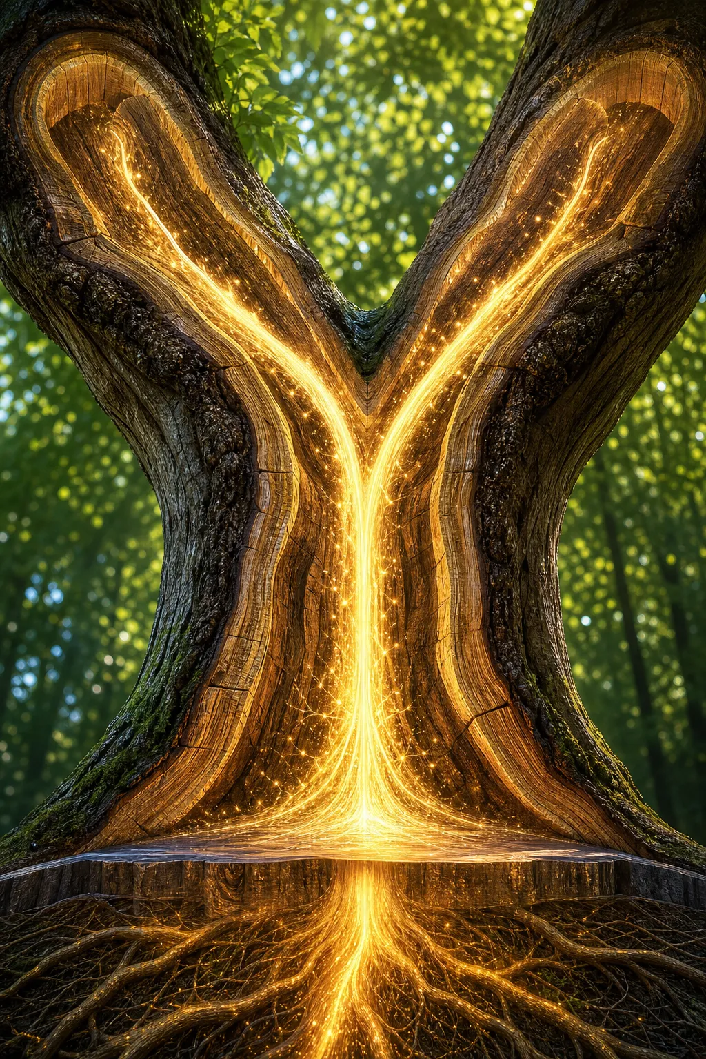A Y-shaped fork of a tree where both branches thicken at once, each drawing glowing sap-light from a single shared trunk.