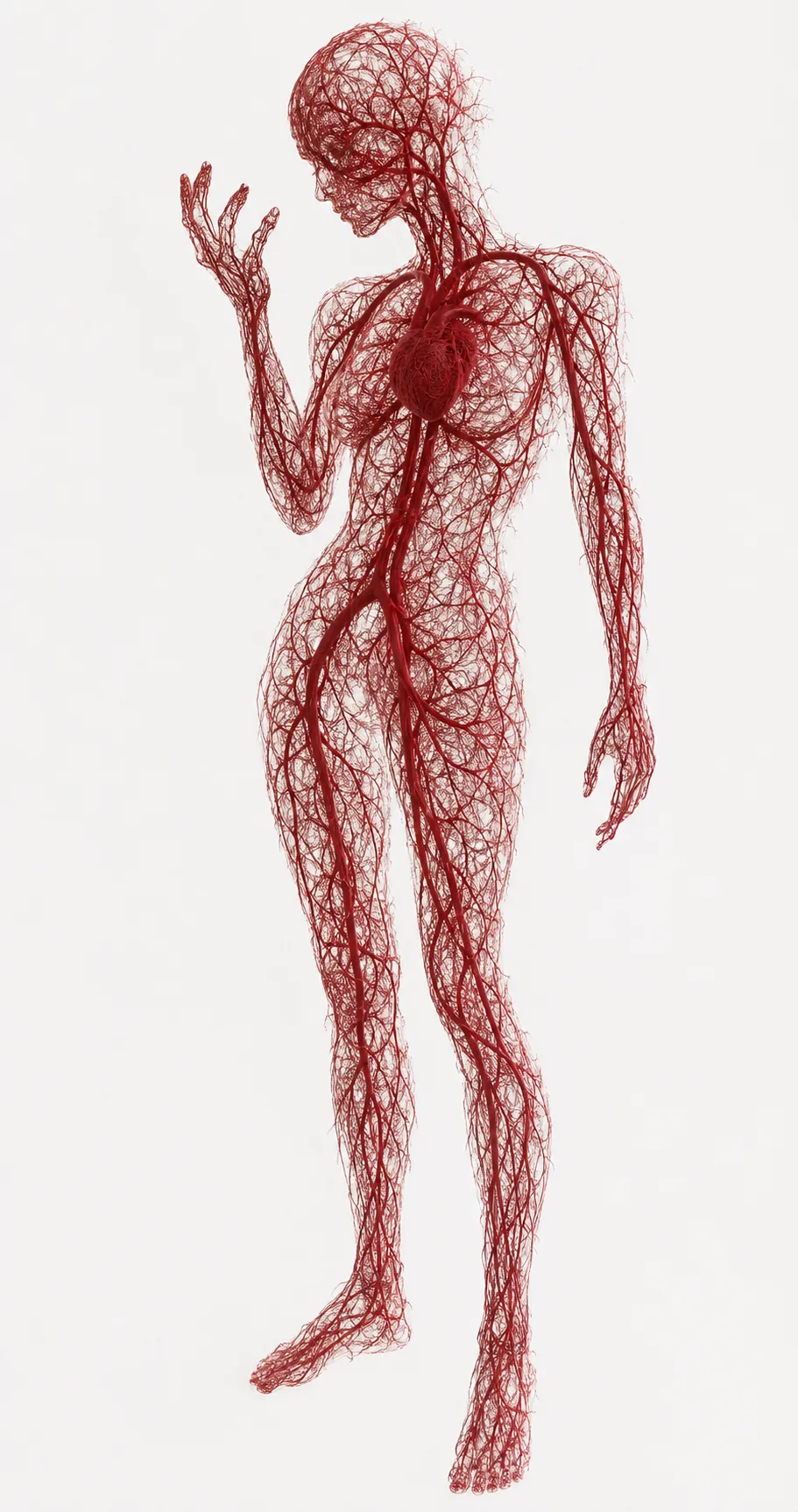 A standing human figure rendered entirely from the branching network of its blood vessels, contemplating a raised hand.