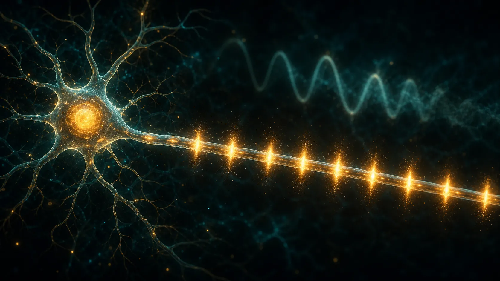 A glowing neuron firing a string of discrete gold spikes down its axon, while a faint teal sine wave fades into the dark background behind it.