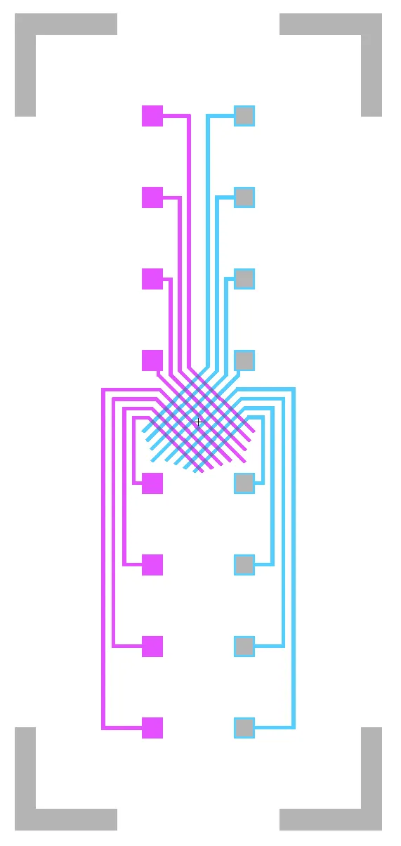 An Electric layout of a memristor crossbar: interwoven magenta and cyan electrode traces fanning from a central diagonal crossing region out to pads on both sides.