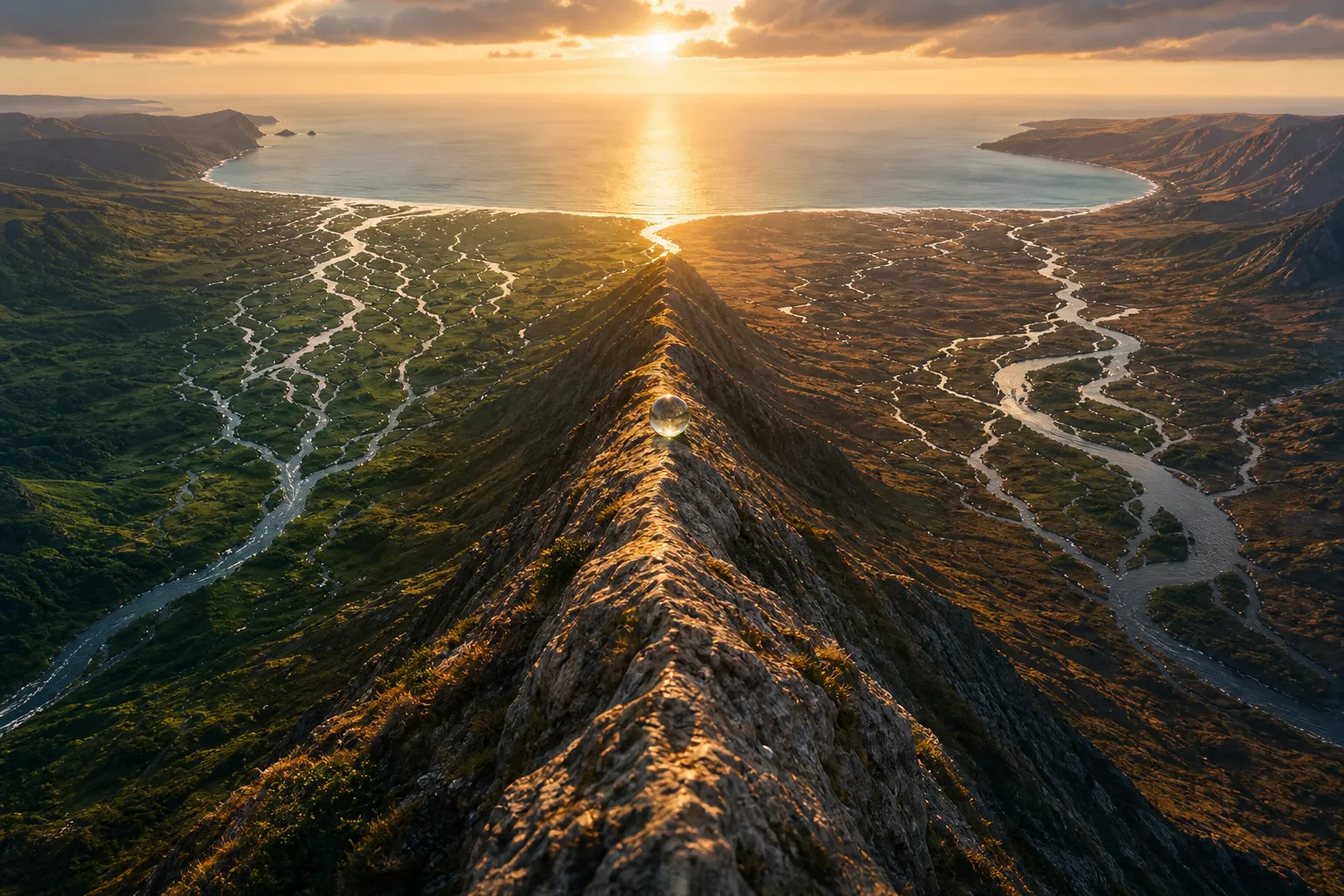 A raindrop landing on a mountain ridgeline divide, poised to roll into one of two great branching valley basins below, each gathering streams toward the sea.