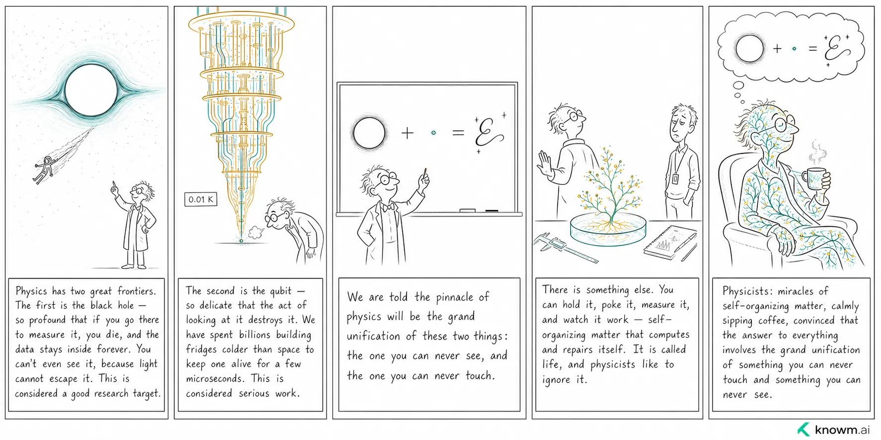 A five-panel comic. Panel one: a physicist points at a black hole swallowing a tiny falling figure, its data trailing in forever. Panel two: the same physicist peers into a towering dilution-fridge chilled to 0.01 K, coaxing a single qubit to survive. Panel three: he stands at a blackboard writing 'black hole + qubit = ℰ', the grand unification of the thing you can never see and the thing you can never touch. Panel four: a glowing self-organizing tree grows in a petri dish while a scientist holds up a hand to wave it away, captioned as life, which physicists like to ignore. Panel five: the physicist relaxes with a coffee, his own body threaded with the same glowing branching network, still daydreaming of unifying the untouchable and the unseeable.