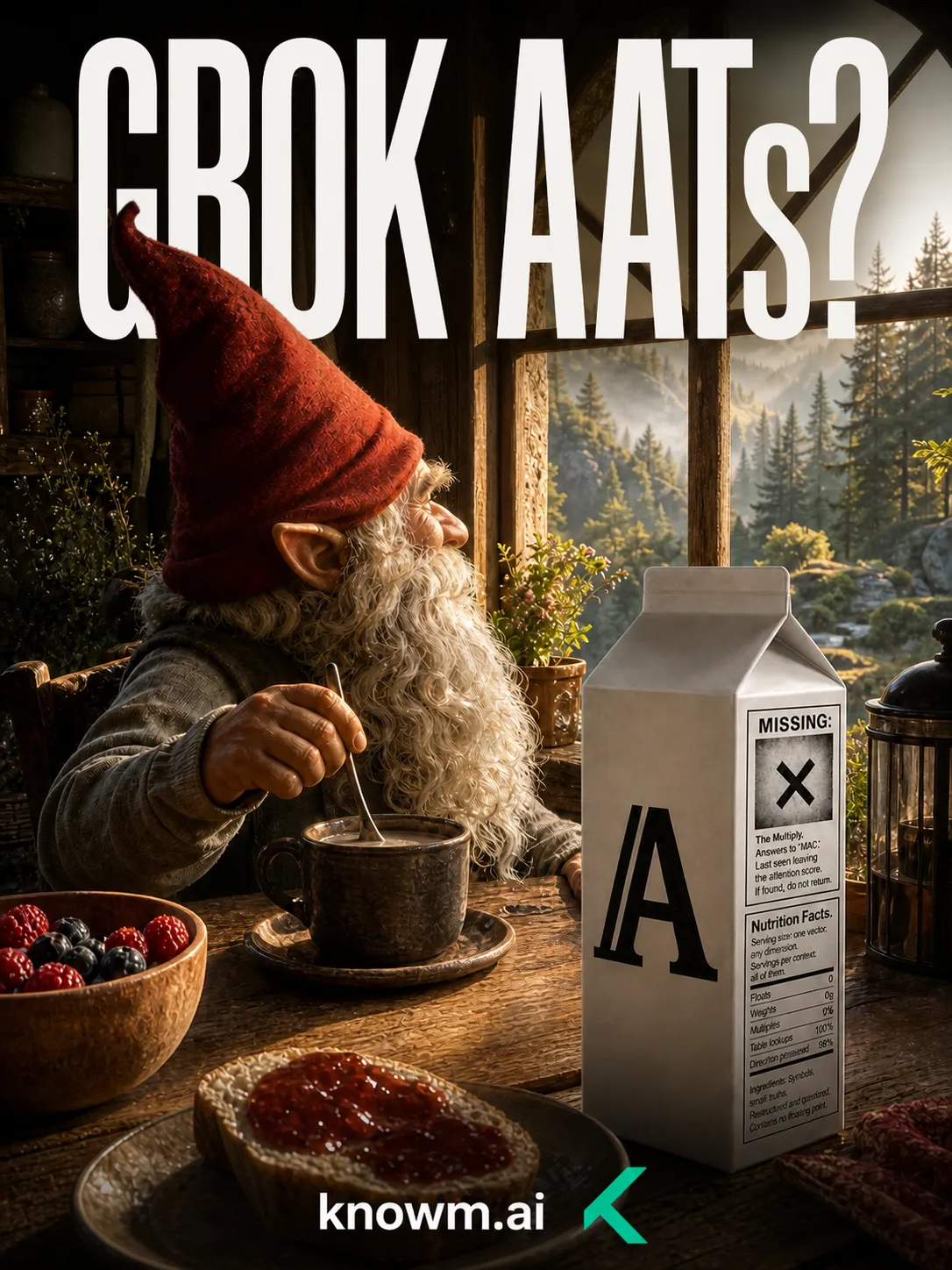 Poster headlined GROK AATs? A gnome in a red cap stirs his coffee at a breakfast table beside a milk carton marked with a large A. The carton's MISSING notice shows the multiply sign: 'The Multiply. Answers to MAC. Last seen leaving the attention score.' Its Nutrition Facts panel lists 0 floats, 0% weights, and 100% table lookups.