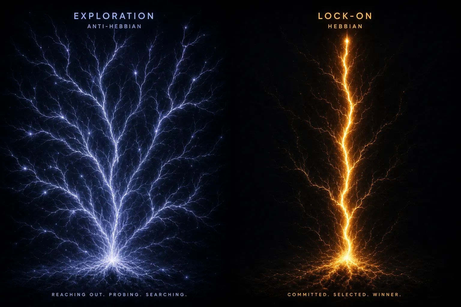 Two flow structures side by side: on the left many faint tentative tendrils branching outward and searching, on the right a single bright dominant channel that has won and locked on.