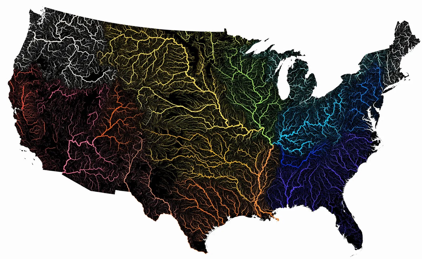 A map of the continental United States rendered entirely from its river basins, each watershed colored differently, forming branching networks across the country.