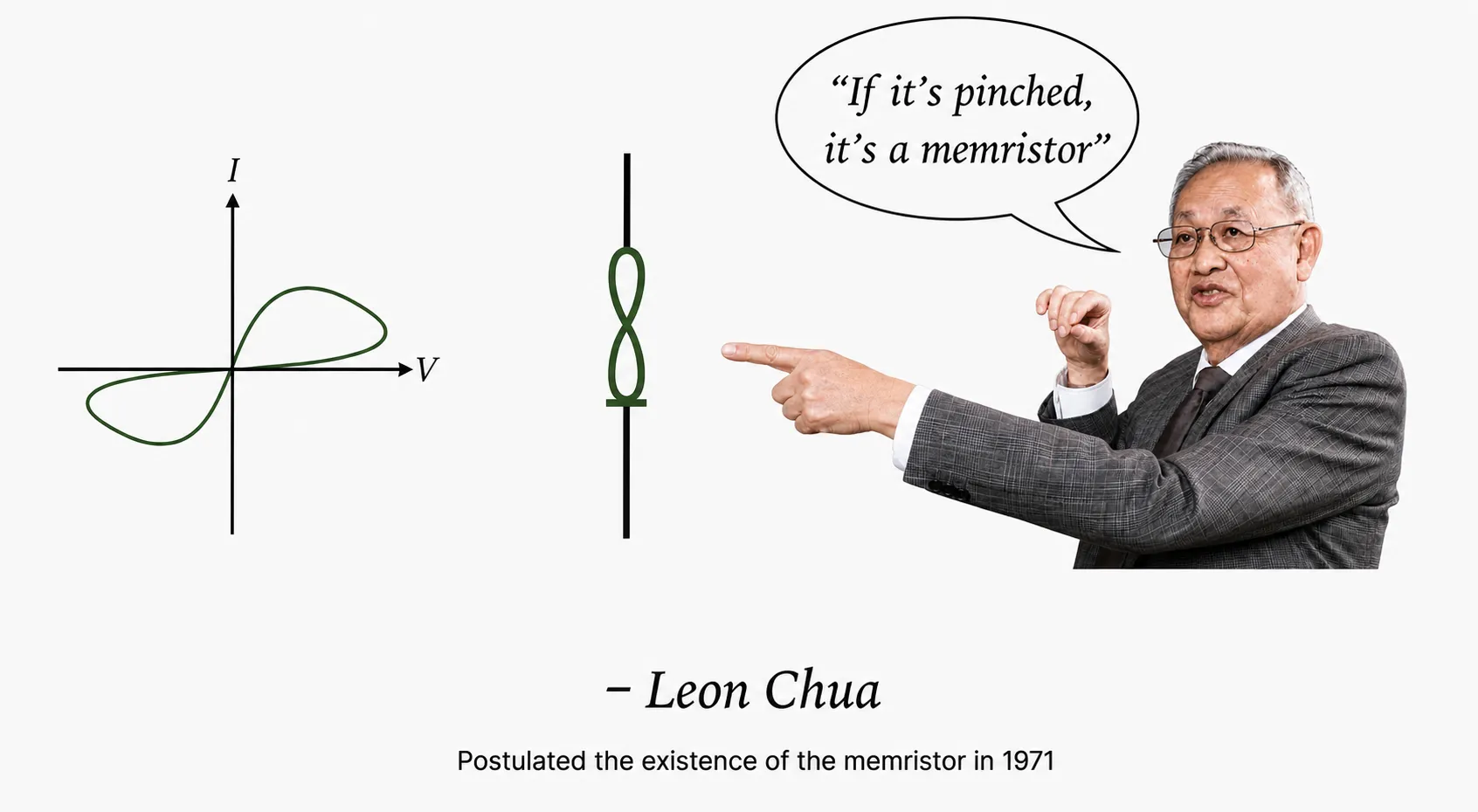On the left, a current-versus-voltage plot showing a figure-eight loop pinched shut at the origin. In the center, the Knowm hourglass memristor symbol. On the right, Leon Chua pointing, with a speech bubble reading 'If it's pinched, it's a memristor.' Caption beneath: Leon Chua, who postulated the existence of the memristor in 1971.