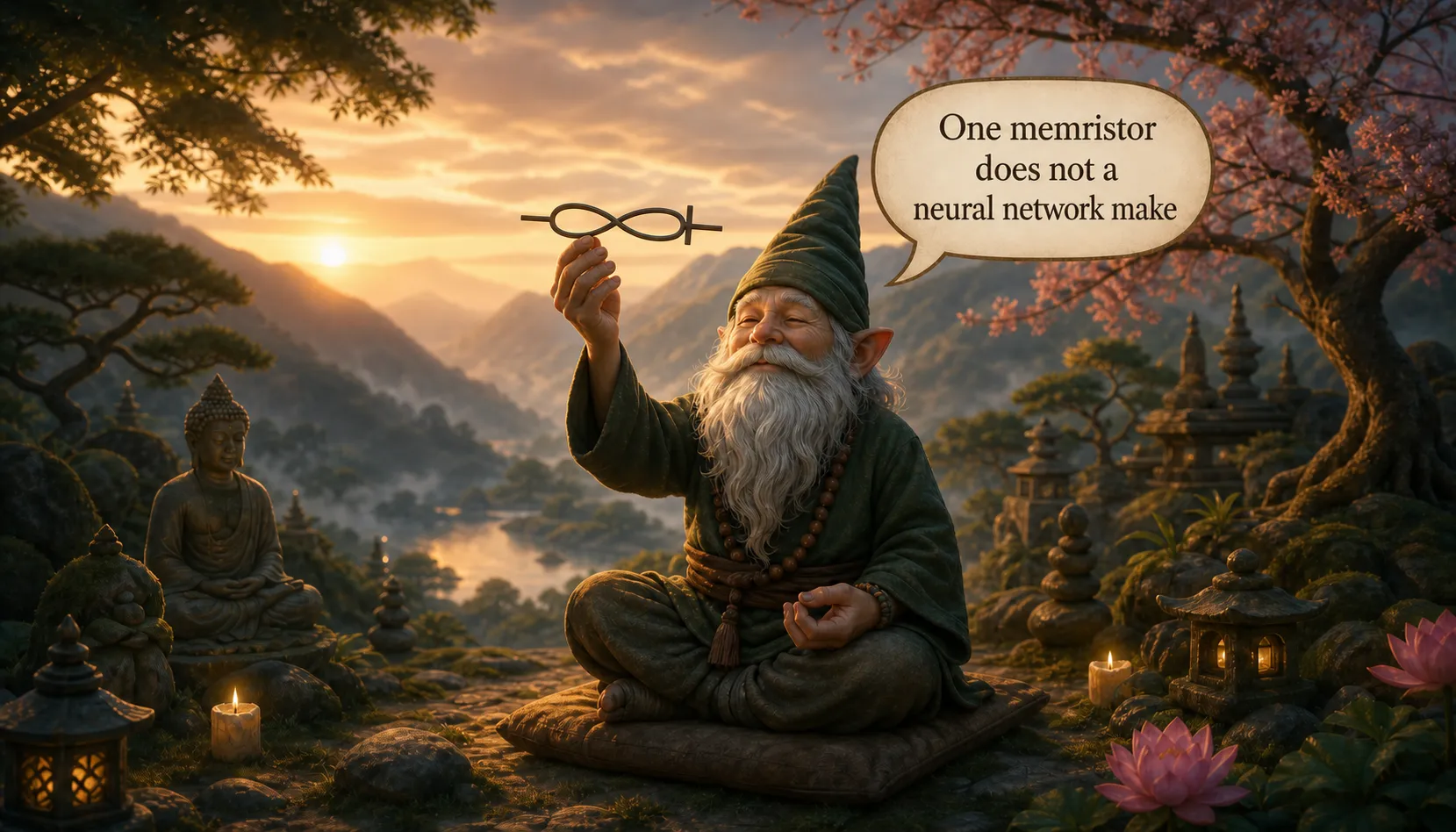 A gnome meditating in a zen garden at sunset, holding up a memristor symbol, with a speech bubble reading 'One memristor does not a neural network make.'