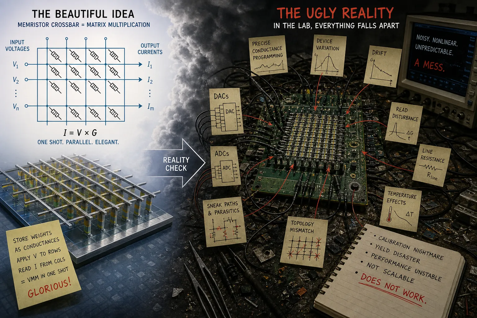 Practical constraints in memristor crossbar hardware compared to idealized assumptions.