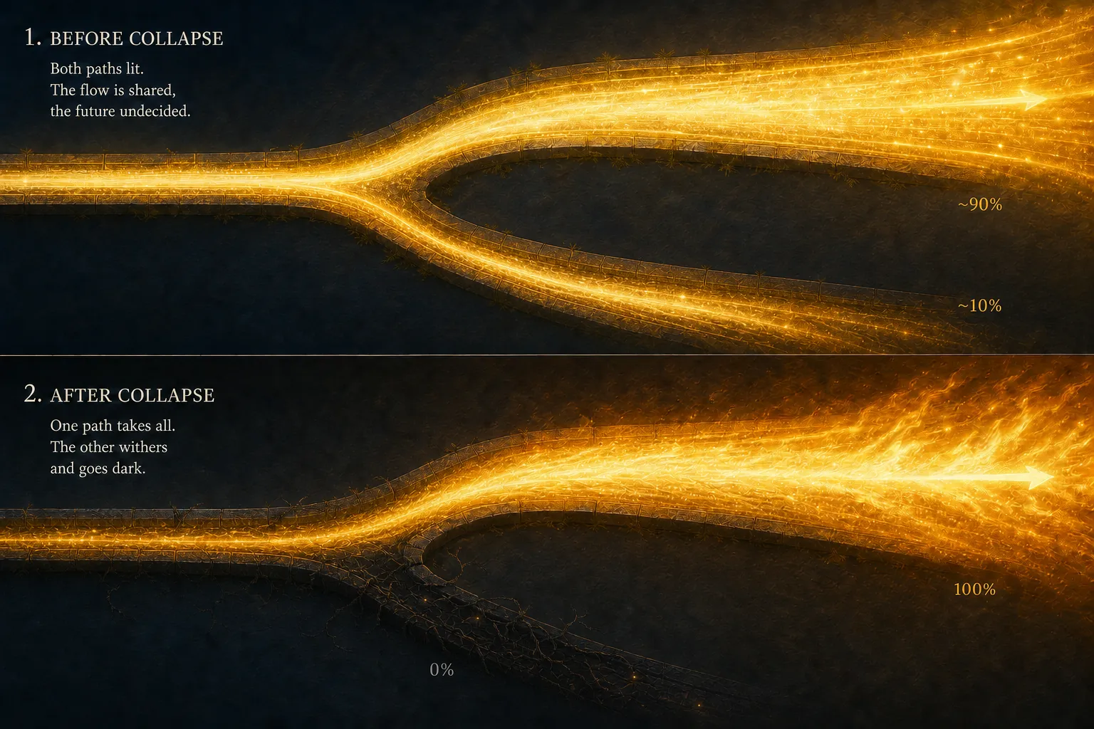 A bifurcation shown in two stages: first the flow of light splits down both branches with a trickle still feeding one side, then the same fork collapsed with one branch ablaze and the other gone dark.