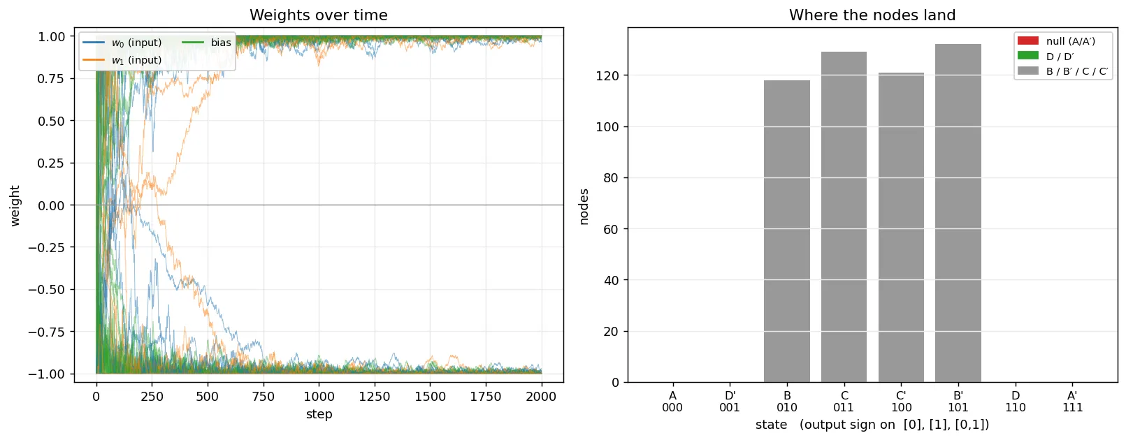 Two panels. On the left, weights over time: the two input weights rail to plus or minus one while the single bias weight settles in between. On the right, a histogram over the eight states A through A'; the null states A and A' are empty, B, B', C, and C' are populated, and D and D' are also empty.
