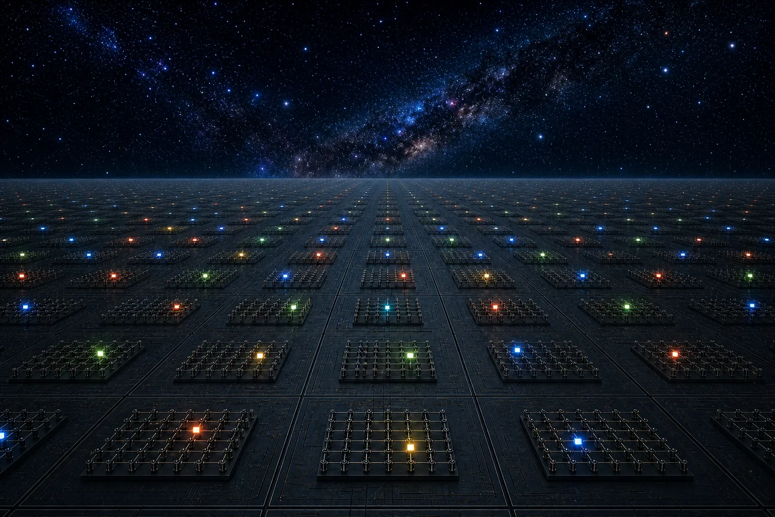 A horizon-spanning grid of small memristor crossbar arrays receding into the distance under a starry Milky Way sky, each array dotted with individually lit devices.