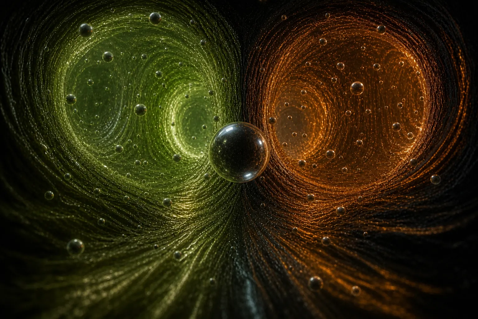 First-person view of a glowing water droplet arriving at the first fork inside a tree, a healthy bright branch on one side and a scorched narrowed branch on the other.