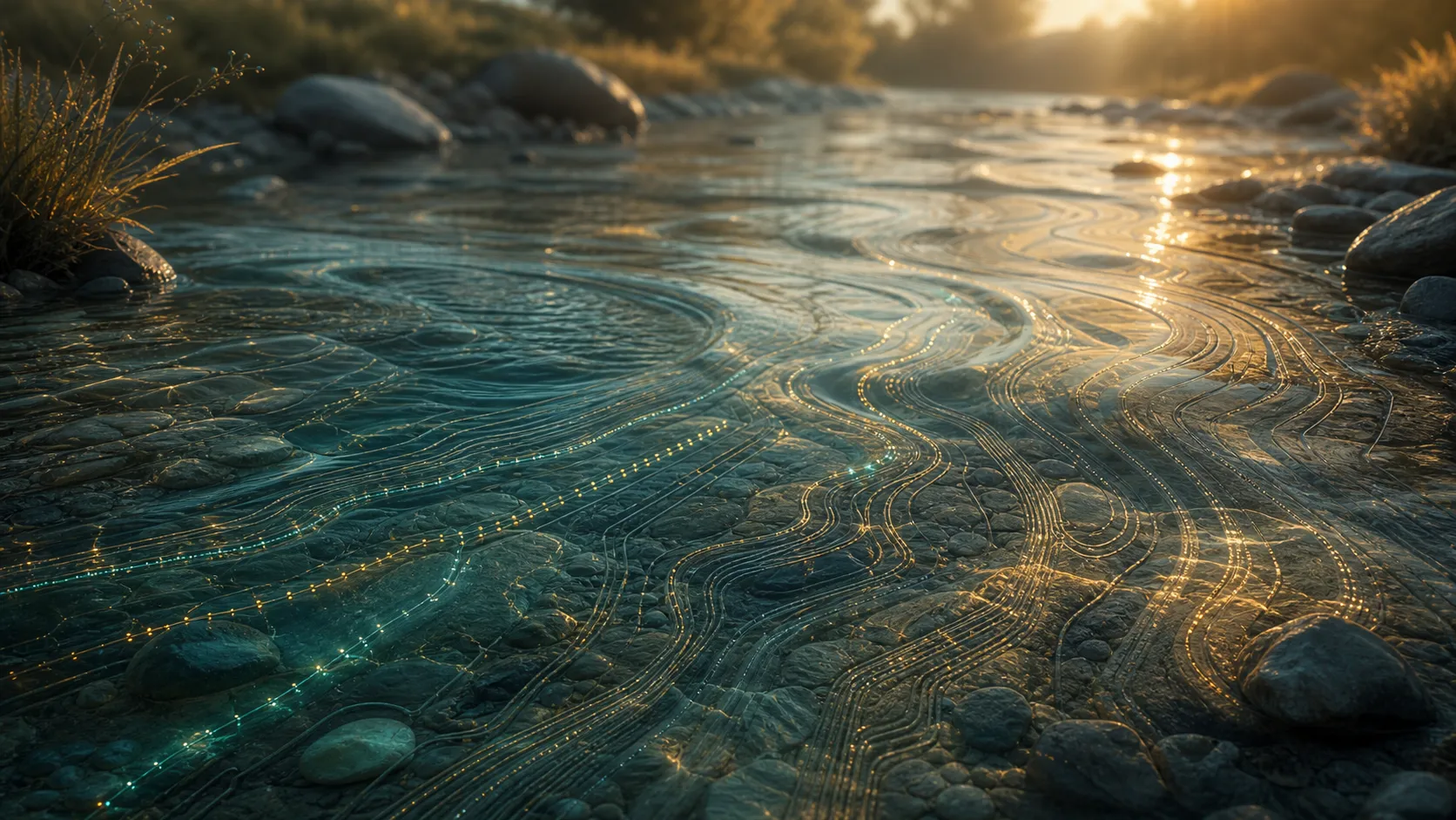 A shallow river seen at a low angle, its flowing water carrying a stream of ordered points of light downstream. The standing waves and eddies on the surface mirror the ridges and channels of the riverbed beneath, which is formed from fine conductive filaments etched into stone and catching the light.
