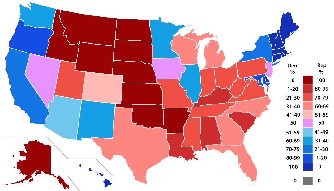 An electoral map of the United States, each state shaded along a red-to-blue scale from solidly Republican through pale purple swing states to solidly Democratic.