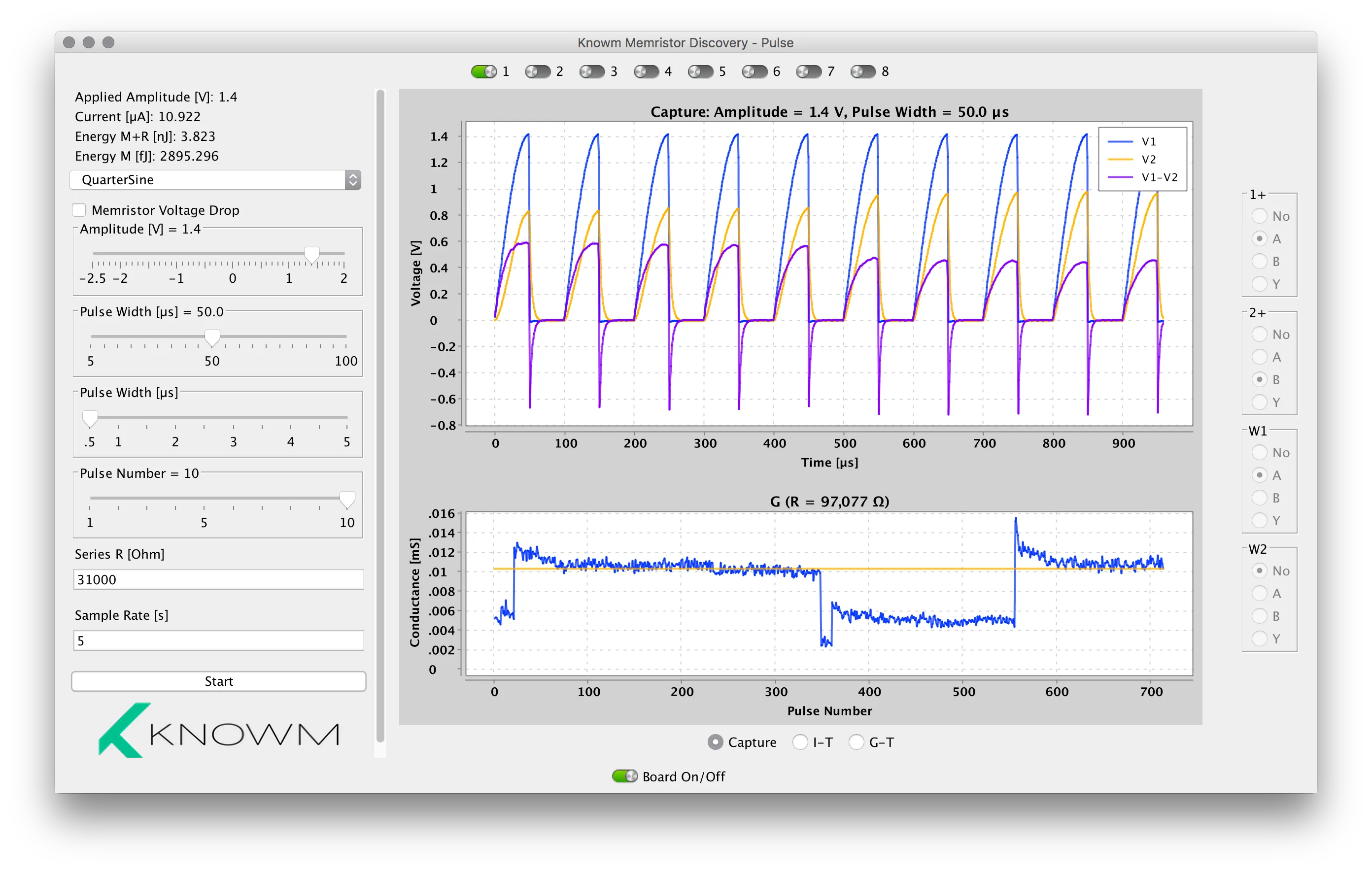 A screenshot of the Memristor Discovery 'Pulse' app: top plot shows V1, V2, and V1−V2 voltage traces across a synapse over a repeating pulse train; bottom plot shows conductance G versus pulse number, hovering around 97 kΩ with discrete steps.