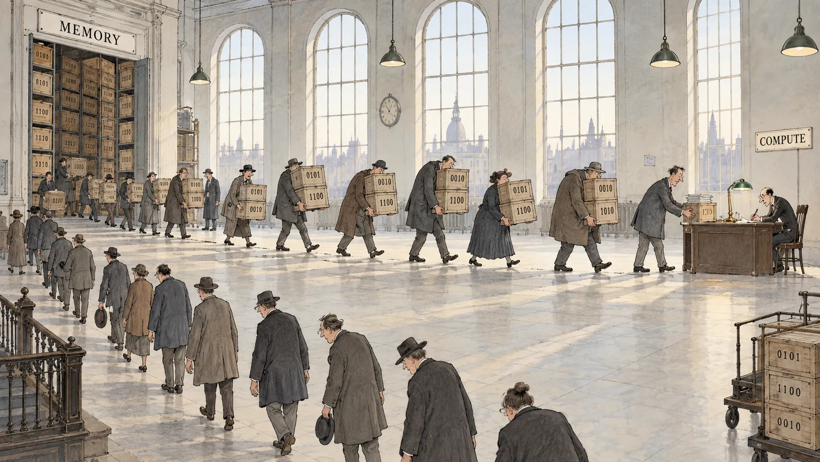 An ink-and-watercolor cartoon of a vast marble office hall with tall arched windows and a city skyline outside. On the left, a doorway marked MEMORY opens onto towering shelves of wooden crates stenciled with binary digits. A long, weary queue of clerks in coats and hats carries stacked crates of bits across the floor to a single small desk on the right, under a sign reading COMPUTE, where one accountant writes under a green lamp. Another queue trudges back toward the archive for more.