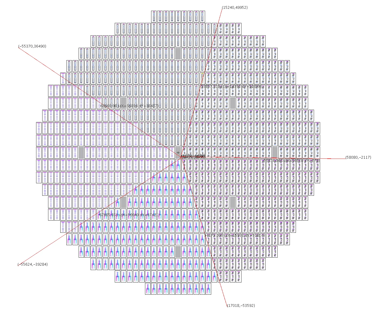 A full wafer layout: hundreds of small rectangular die tiled across a circular wafer outline, with coordinate callouts to reference die near the edges.