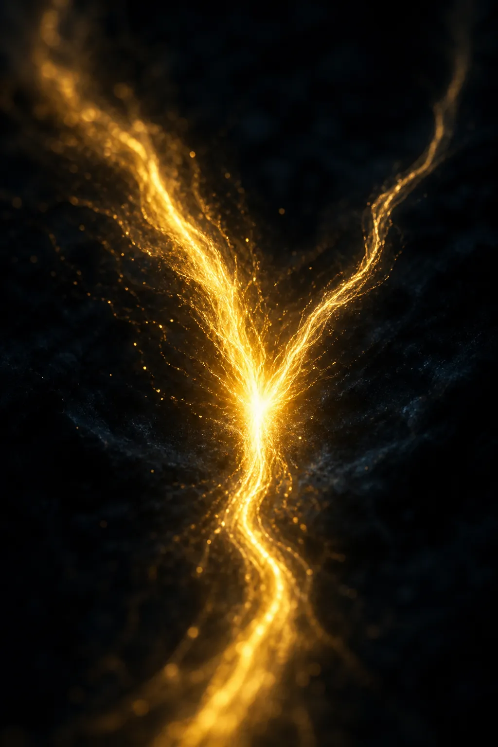 A single luminous flow rising from below and splitting into two competing branches at a glowing bifurcation point.